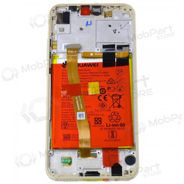 Huawei P20 Lite ekraan (kuldsed) (koos raamiga ja patarei / aku) (service pack) (originaalne)