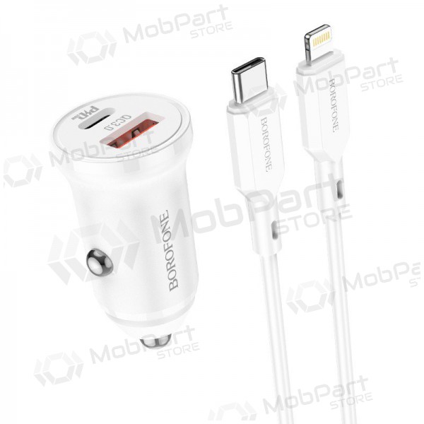 Laadija automobilinis Borofone BZ18A USB-A/Type-C PD20W+QC3.0 + Lightning (valged)