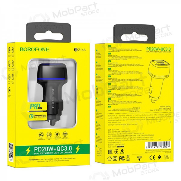 Laadija automobilinis Borofone BZ14A PD20W+QC3.0 x 2 USB (Type-C to Lightning) (mustad)