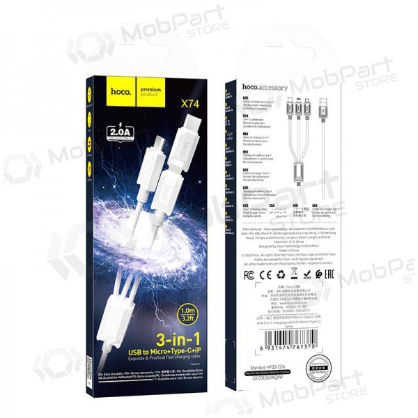 USB kaabel Hoco X74 3in1 microUSB-Lightning-Type-C 1.0m (valged)