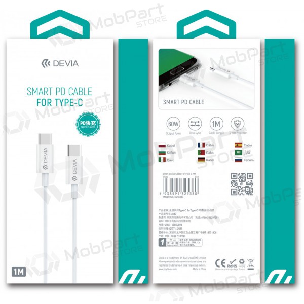 USB kaabel Devia Smart PD Type-C -Type-C 20V 3.0A 60W (valged)