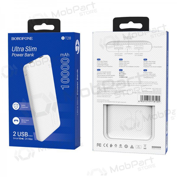 Väline patarei / aku Power Bank Borofone BT28 Ultra Slim 10000mAh valge Väline patarei / aku Power Bank Borofone BT28 Ultra Slim 10000mAh valge