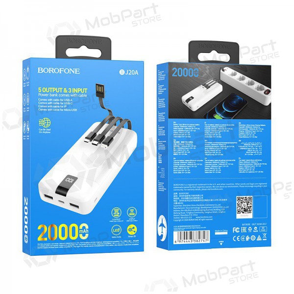 Väline patarei / aku Power Bank Borofone BJ20A 5 Output 3 Input 20000mAh valge Väline patarei / aku Power Bank Borofone BJ20A 5 Output 3 Input 20000mAh valge