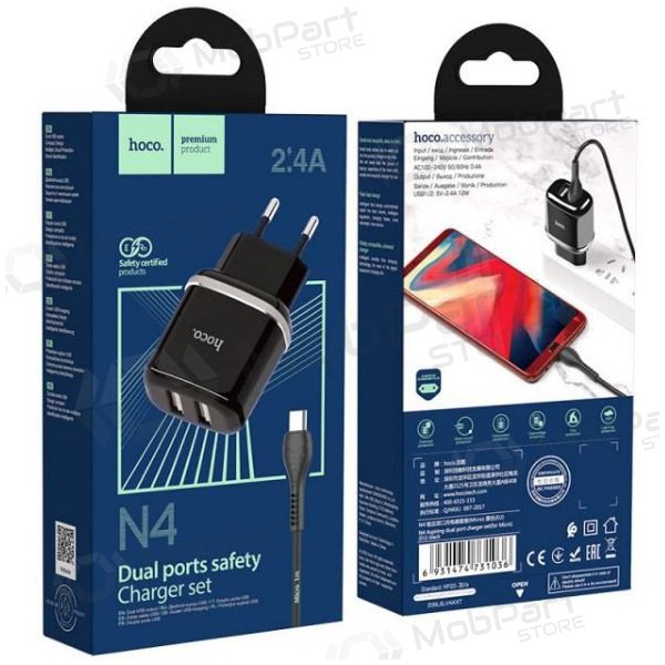 Laadija HOCO N4 Aspiring Dual USB + microUSB kaabel (5V 2.4A) (mustad)