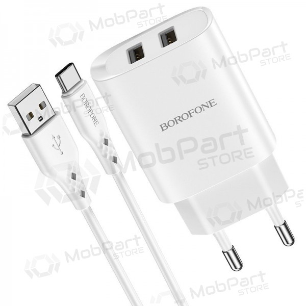 Laadija Borofone BN2 2xUSB 2.1A + USB Type-C (valged)