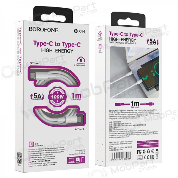 USB kaabel Borofone BX44 Type-C - Type-C 100W 1.0m (valged)