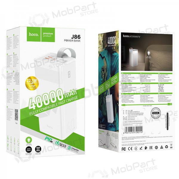 Väline patarei / aku Power Bank Hoco J86 22.5W Quick Charge 3.0 40000mAh valge Väline patarei / aku Power Bank Hoco J86 22.5W Quick Charge 3.0 40000mAh valge