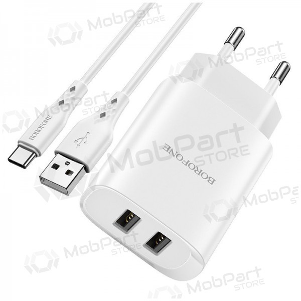 Laadija Borofone BN2 2xUSB 2.1A + USB Type-C (valged)