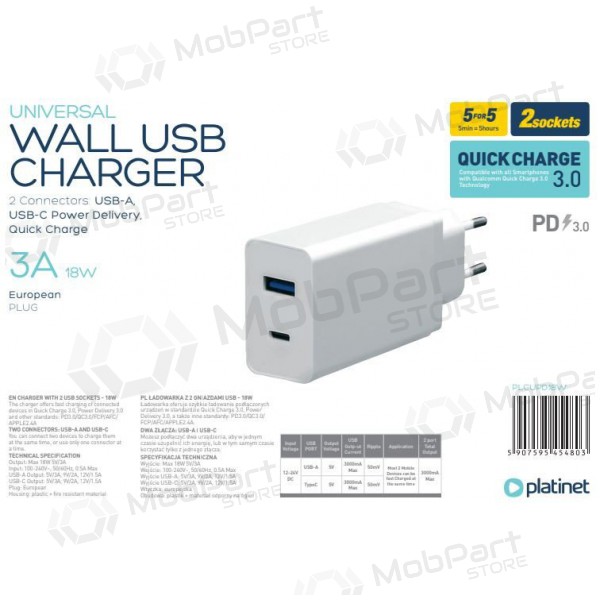 Platinet QuickCharge Type-C+USB 3.0A (18W) laadija