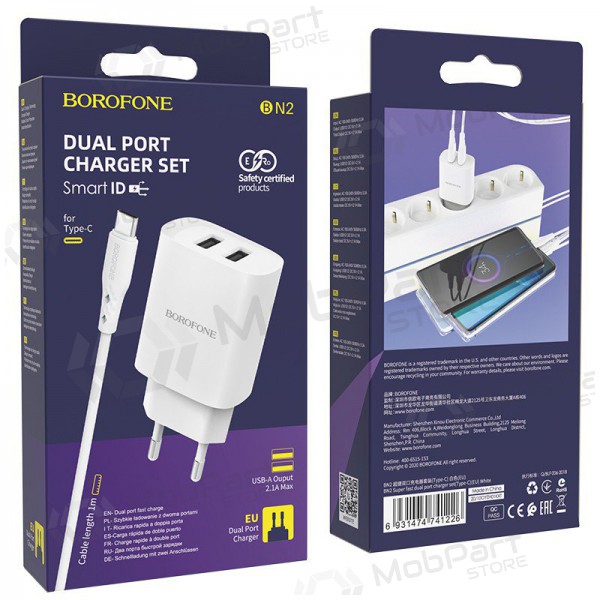 Laadija Borofone BN2 2xUSB 2.1A + USB Type-C (valged)