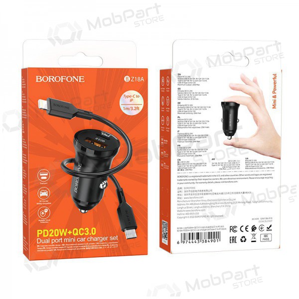 Laadija automobilinis Borofone BZ18A USB-A/Type-C PD20W+QC3.0 + Lightning (mustad)