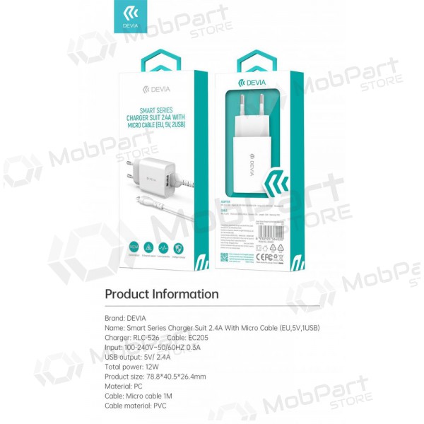 Laadija Devia Smart x 2 USB (2.4A) + MicroUSB, (valged)