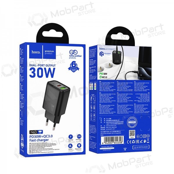 Telefoni laadija Hoco N63 30 W GaN USB-C + USB-A must