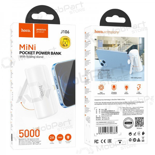 Väline patarei / aku Power Bank Hoco J106 Lightning 5000mAh valge Väline patarei / aku Power Bank Hoco J106 Lightning 5000mAh valge