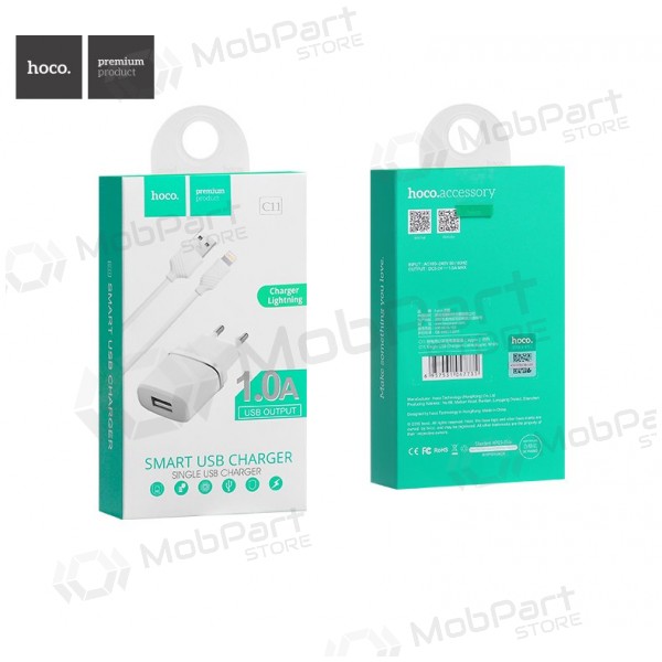 Laadija HOCO C11 Smart USB + lightning (5V 1A) (valged)
