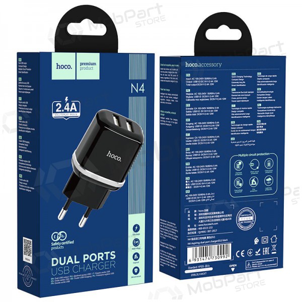 Laadija Hoco N4 x 2 USB  jungtimis (2.4A) (mustad)