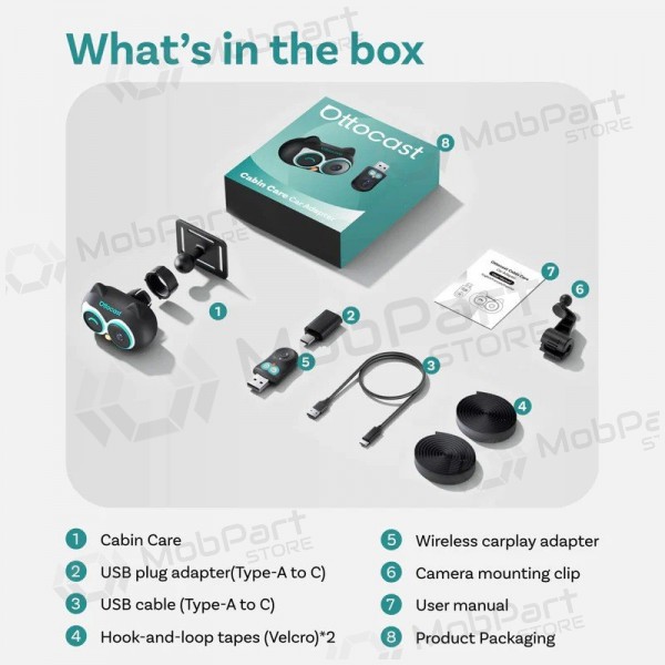 Juodas juhtmevaba CarPlay adapter Ottocast Cabin Care CA520-T mobiilse lapsehoidja funktsiooniga