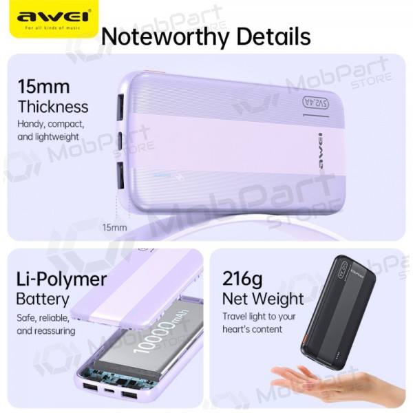 Väline patarei / aku Power Bank Awei P20K 5V/2.4A 10000mAh must