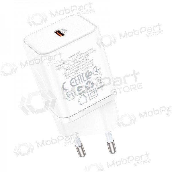 Laadija buitinis Borofone BN6 Type-C PD+QC3.0 20W, valged