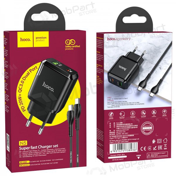 Laadija Hoco N5 USB Quick Charge 3.0 + PD 20W (3.1A) + Type-C-Type-C (mustad)