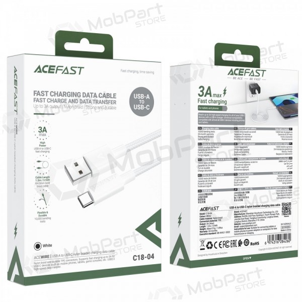 USB kaabel Acefast C18-04 USB-A to USB-C 1.2m valged