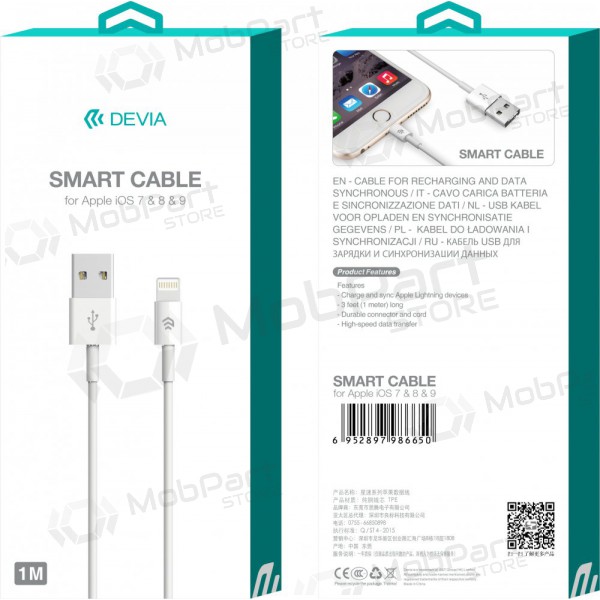 USB kaabel Devia Smart Lightning 2.0m (valged)