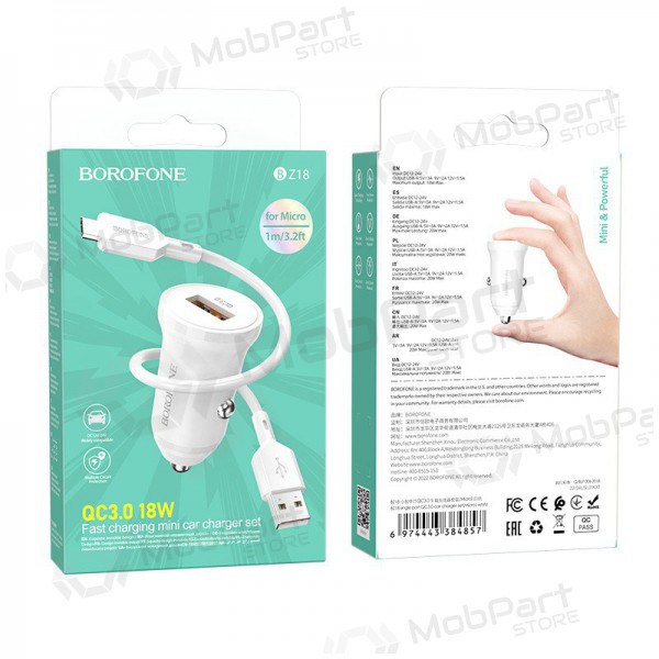 Laadija automobilinis Borofone BZ18 Quick Charge 3.0 18W + MicroUSB (valged)