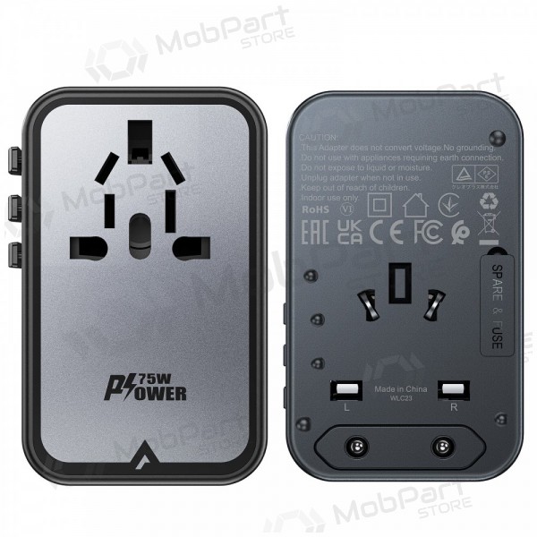 Universaalne kelioninis laadija Acefast Z1 75W GaN 2xUSB-A/3xUSB-C mustad