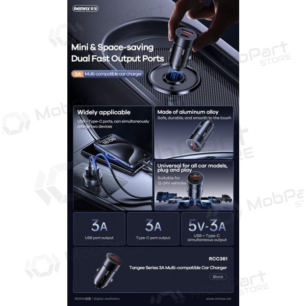 Autolaadija Remax RCC361 15W USB-C/USB-A mustad