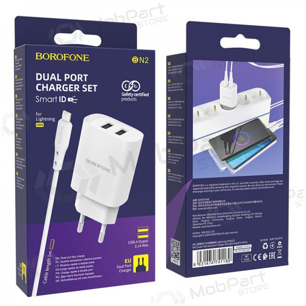 Laadija Borofone BN2 2xUSB 2.1A + Lightning (valged)