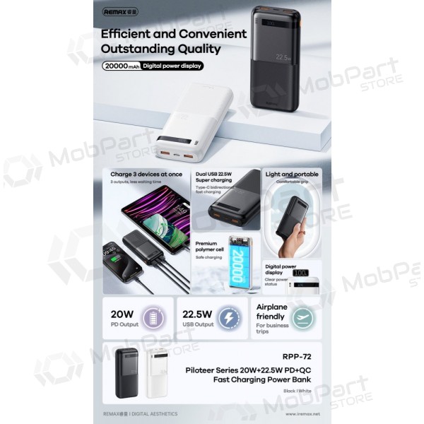 Väline patarei / aku Power Bank Remax RPP-72 22.5W 20000mAh must