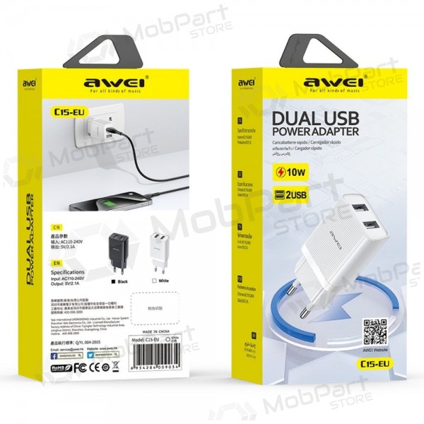 Laadija Awei C15T-EU 2xUSB-A 10W + USB to USB-C cable valged