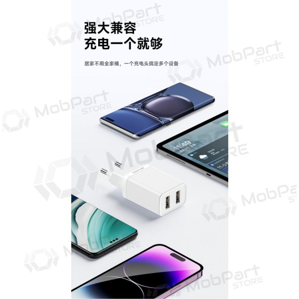Laadija Awei C15T-EU 2xUSB-A 10W + USB to USB-C cable valged