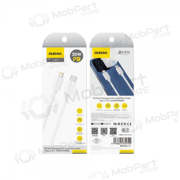 Lightning kaabel Dudao L4X USB-C - Lightning 1.2 m 30 W valge