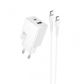 Telefoni laadija Hoco N71 30 W GaN USB-C + USB-A koos USB-C kaabliga 1 m valge