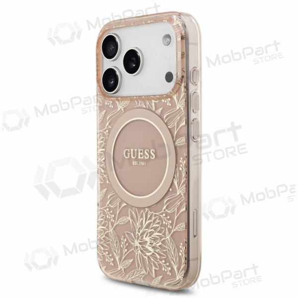 Apple iPhone 18 Pro ümbris - Guess IML Flowers Allover Strap MagSafe (roosa)