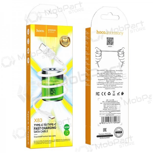USB kaabel Hoco X83 60W Type-C to Type-C 1.0m valged