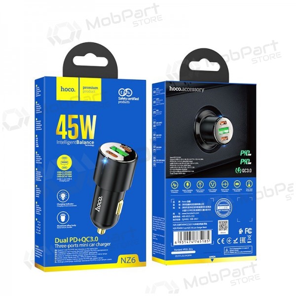 Autolaadija Hoco NZ6 45 W PD 2x USB-C + USB-A must