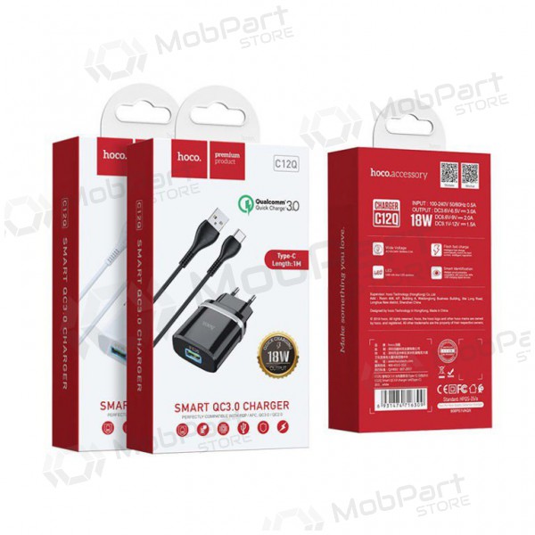 Laadija HOCO C12Q Smart USB + type-C kaabel (QC3.0) (valged)
