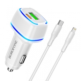 Laadija automobilinis Borofone BZ14A PD20W+QC3.0 x 2 USB (Type-C to Lightning) (valged)