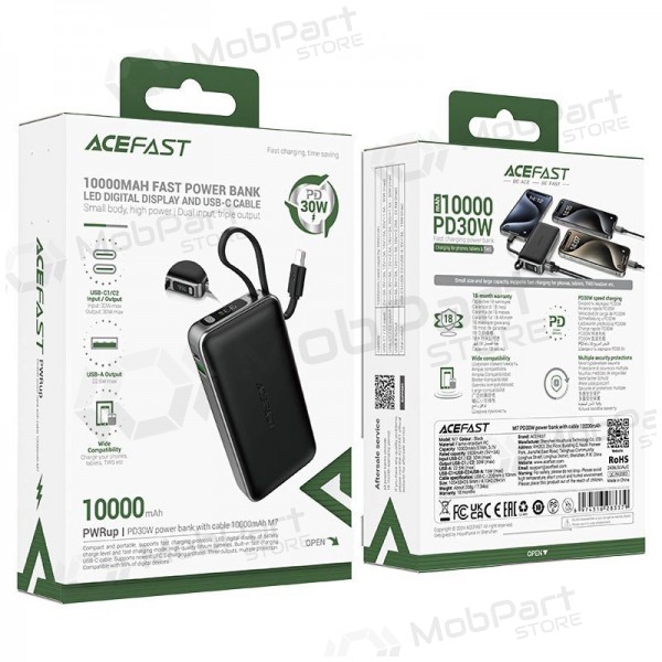 Väline patarei / aku Power Bank Acefast M7-10000 PD30W With Cable 10000mAh must