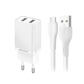Laadija Awei C15T-EU 2xUSB-A 10W + USB to USB-C cable valged