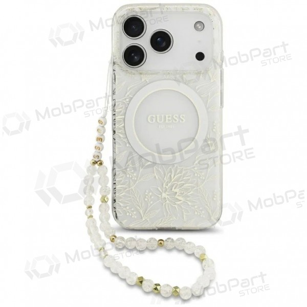 Apple iPhone 18 Pro ümbris - Guess IML Flowers Allover Strap MagSafe (valge)