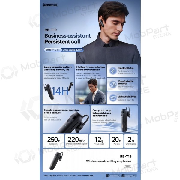 Juhtmeta vabakäeseadmega Remax RB-T19 must