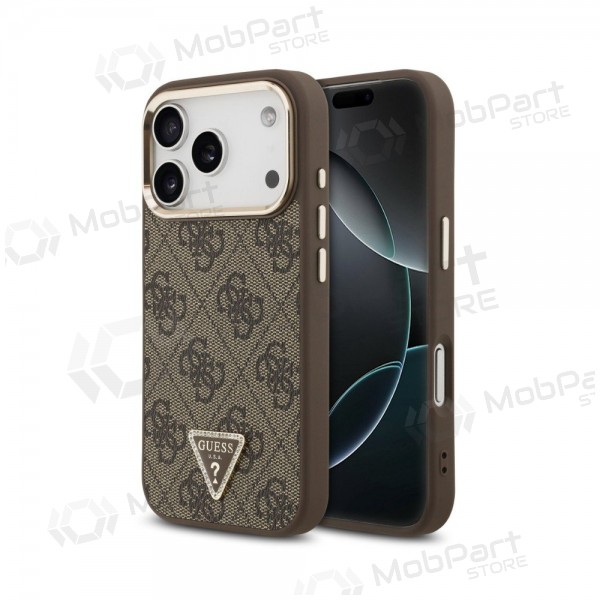 Apple iPhone 18 Pro Max ümbris - Guess PU Leather 4G Strass Triangle Logo Gold Frame MagSafe (pruun)
