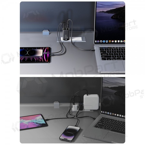 Laadija buitinis Joyroom GaN JR-TCG01 2xUSB-C/USB-A 65W + USB-C cable 1.2m mustad