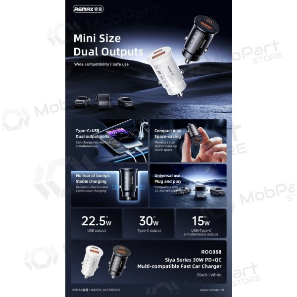Autolaadija Remax RCC358 30W USB-C/USB-A mustad