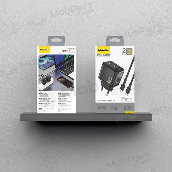 Telefoni laadija Dudao A28PC 45 W GaN 2x USB-C koos USB-C kaabliga 1 m must