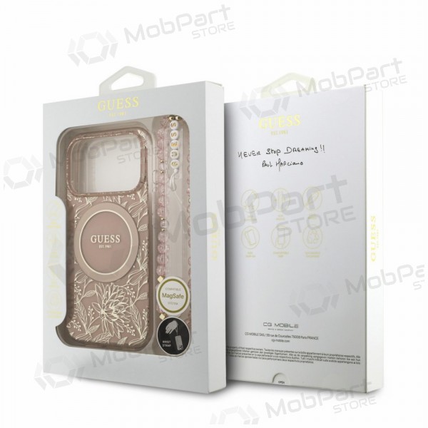 Apple iPhone 18 Pro Max ümbris - Guess IML Flowers Allover Strap MagSafe (roosa)