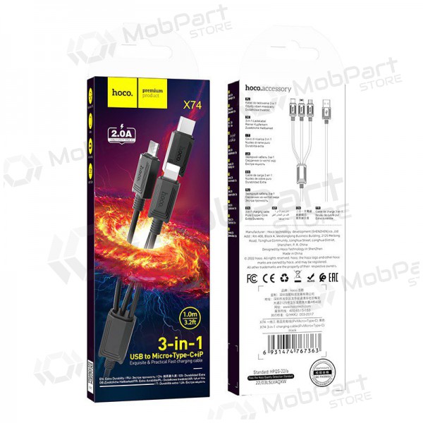 USB kaabel Hoco X74 3in1 microUSB-Lightning-Type-C 1.0m (mustad)